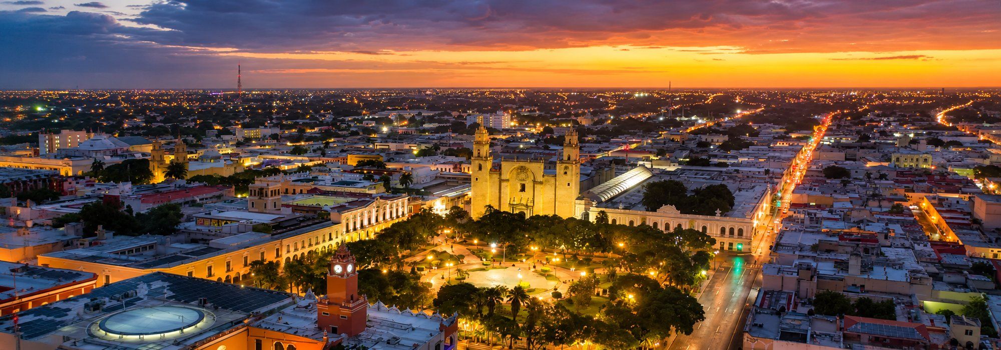 Aerial view of Merida’s historic center and cathedral at sunset