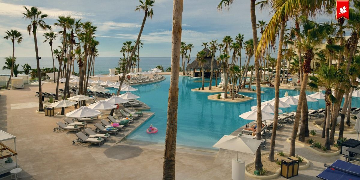 Resort pool lined with palm trees beside the ocean – airport transfer to Hyatt Ziva